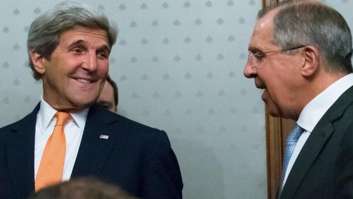U.S. Secretary of State John Kerry, left, and Russian Foreign Minister Sergey Lavrov slast Friday in Moscow. The 40-nation coalition battling the Islamic State is holding meetings in Washington this week.