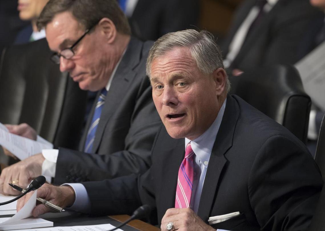 Senate Intelligence Committee Chairman Sen. Richard Burr, R-N.C., right, joined by committee Vice Chairman Mark Warner, D-Va., speaks on Capitol Hill in Washington on Wednesday, June 28, 2017, as the committee conducts a hearing on Russian intervention in European elections.