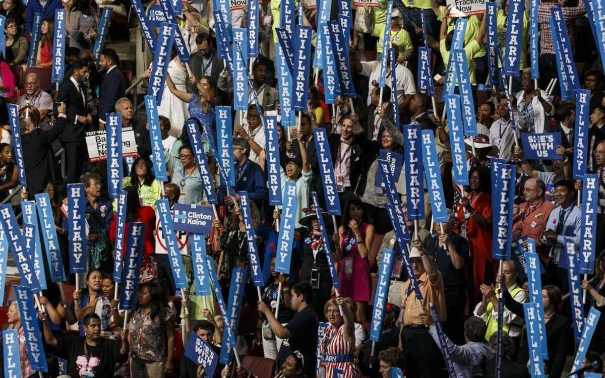 The crowd cheers for Sen. Barbara Mikulski and the Democratic Women of the Senate on the final night of the Democratic National Convention at the Wells Fargo Center in Philadelphia on Thursday, July 28, 2016.
