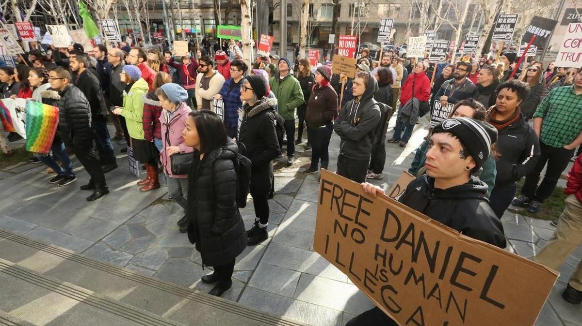 Supporters of freeing detained Dreamer Daniel Ramirez Medina rally Friday, Feb. 17, 2017 in front of the federal courthouse in Seattle, Wash. Ramirez is being held at the Northwest Detention Center.