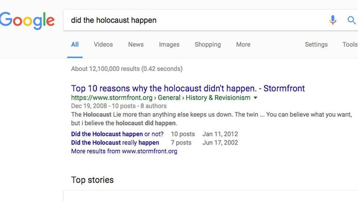 The top search result on Google returns a white supremacist site.