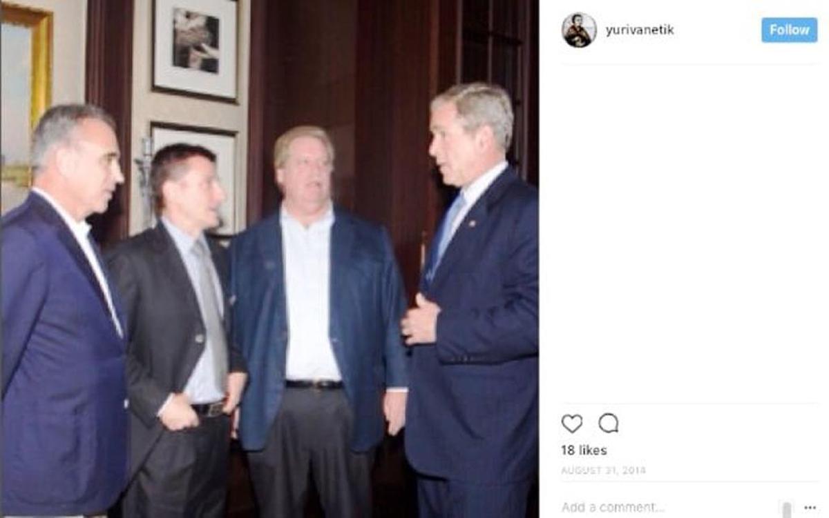 This screenshot of a social-media posting in August 2014 by California GOP fundraiser Yuri Vanetik (second from left) shows him with fellow fundraiser Elliott Broidy (second from right) and President George W. Bush. Broidy and Vanetik are now engaged in a nasty civil fraud lawsuit.