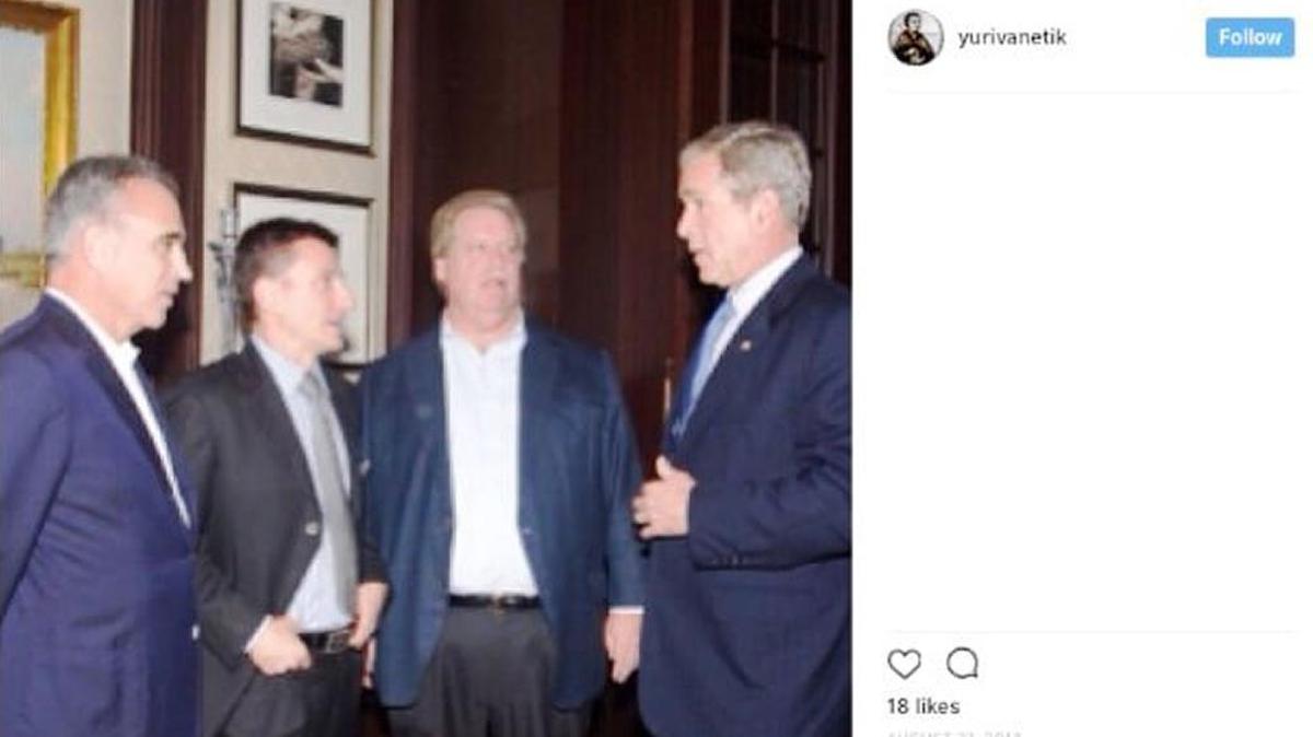This screenshot of a social-media posting in August 2014 by California GOP fundraiser Yuri Vanetik (second from left) shows him with fellow fundraiser Elliott Broidy (second from right) and President George W. Bush. Broidy and Vanetik are now engaged in a nasty civil fraud lawsuit.