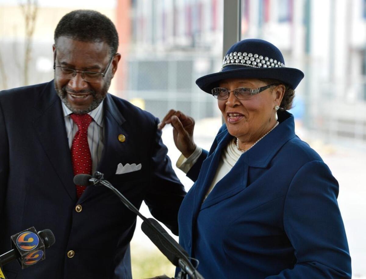 U.S. Rep. Alma Adams (D-Charlotte) is introduced by Johnson C. Smith University President Ronald Carter as Adams announced in March that she will seek reelection.