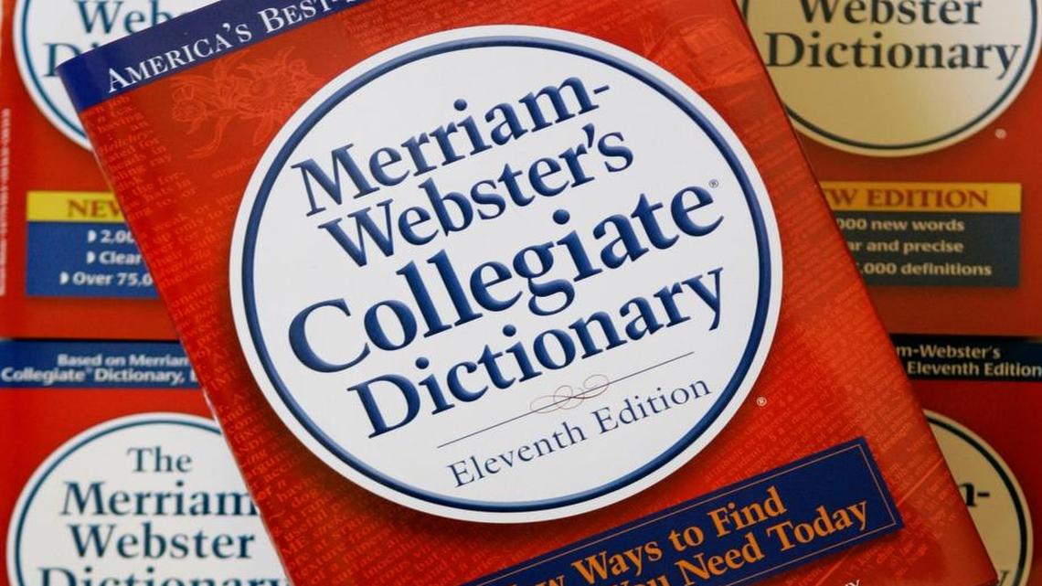 The eleventh edition of Merriam-Webster's Collegiate Dictionary is seen stacked on other dictionaries at the company's headquarters in Springfield, Mass., Tuesday, July 3, 2007.