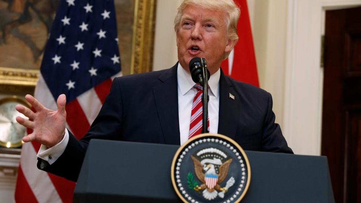 President Donald Trump speaks in the Roosevelt Room of the White House in Washington, Tuesday, May 16, 2017, where he and Turkish President Recep Tayyip Erdogan made statements.
