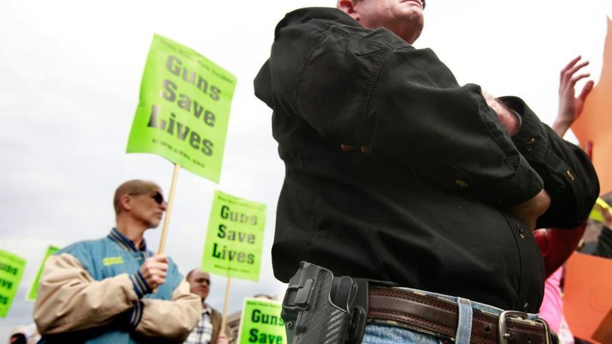 Steve Huegel, of Youngsville, N.C., sports his empty gun holster at the Grass Roots North Carolina Second Amendment Freedom Rally in Raleigh, N.C. on Tuesday, February 5, 2013. Huegel, his wife and kids all had concealed carry weapons permits.