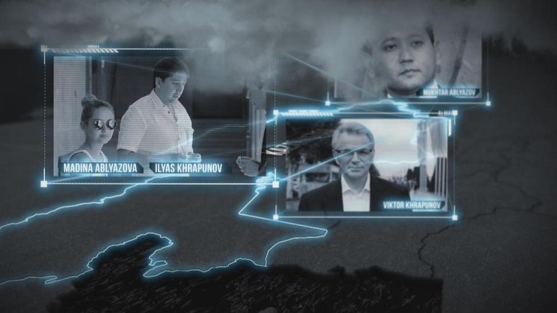 This graphic from Dutch broadcaster Zembla shows Mukhtar Ablyazov, a fugitive Kazakh banker, former Almaty Mayor Viktor Khrapunov, and their children, who are married, Madina Ablyazova and Ilyas Khrapunov. All face lawsuits alleging embezzlement.