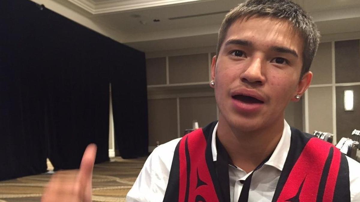
Hamilton Seymour, 15, of Bellingham, Wash., introduced first lady Michelle Obama at the first White House Tribal Youth Gathering in Washington, D.C., on July 9, 2015.
