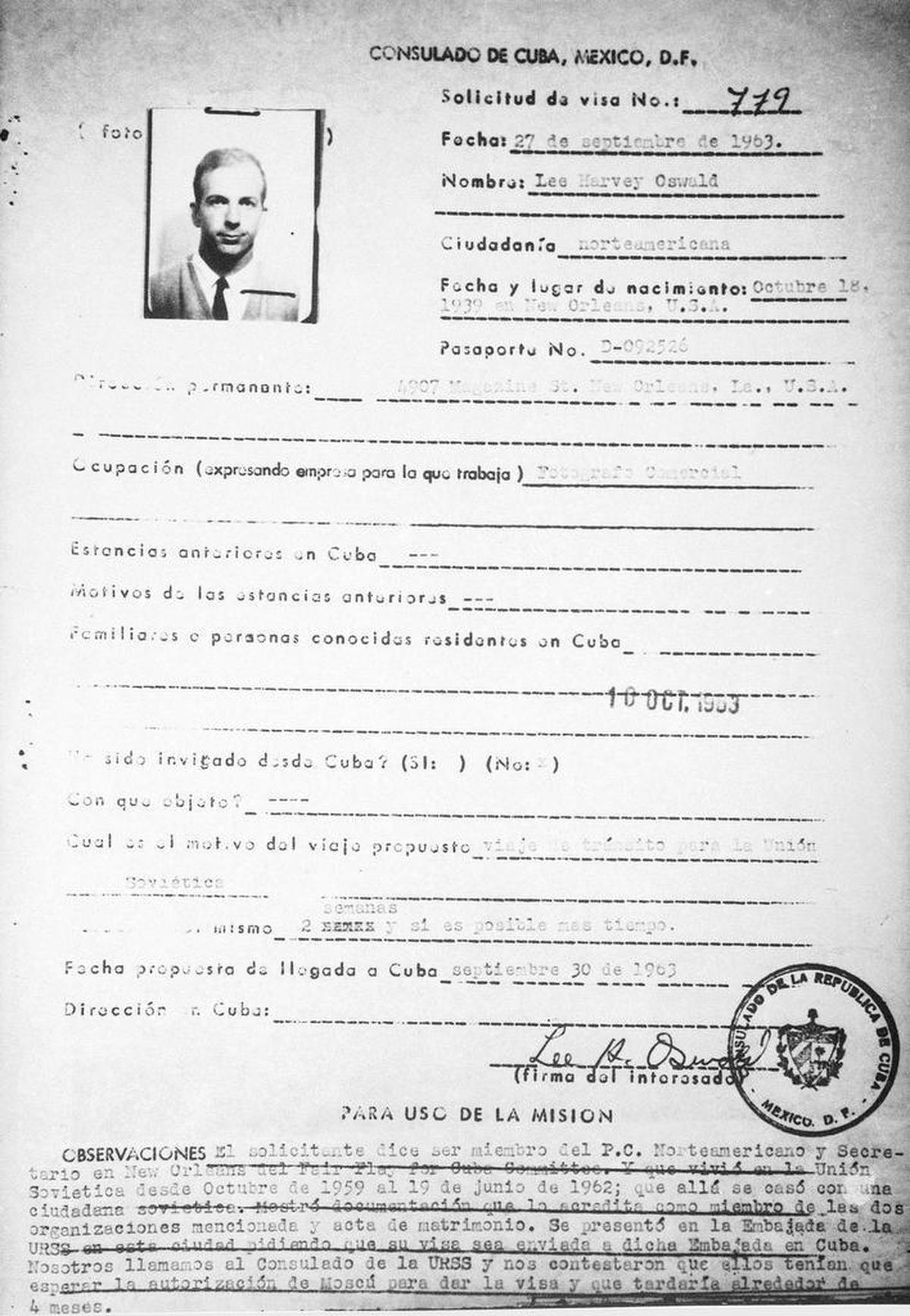 A copy of Lee Harvey Oswald's visa application, released in 1978.