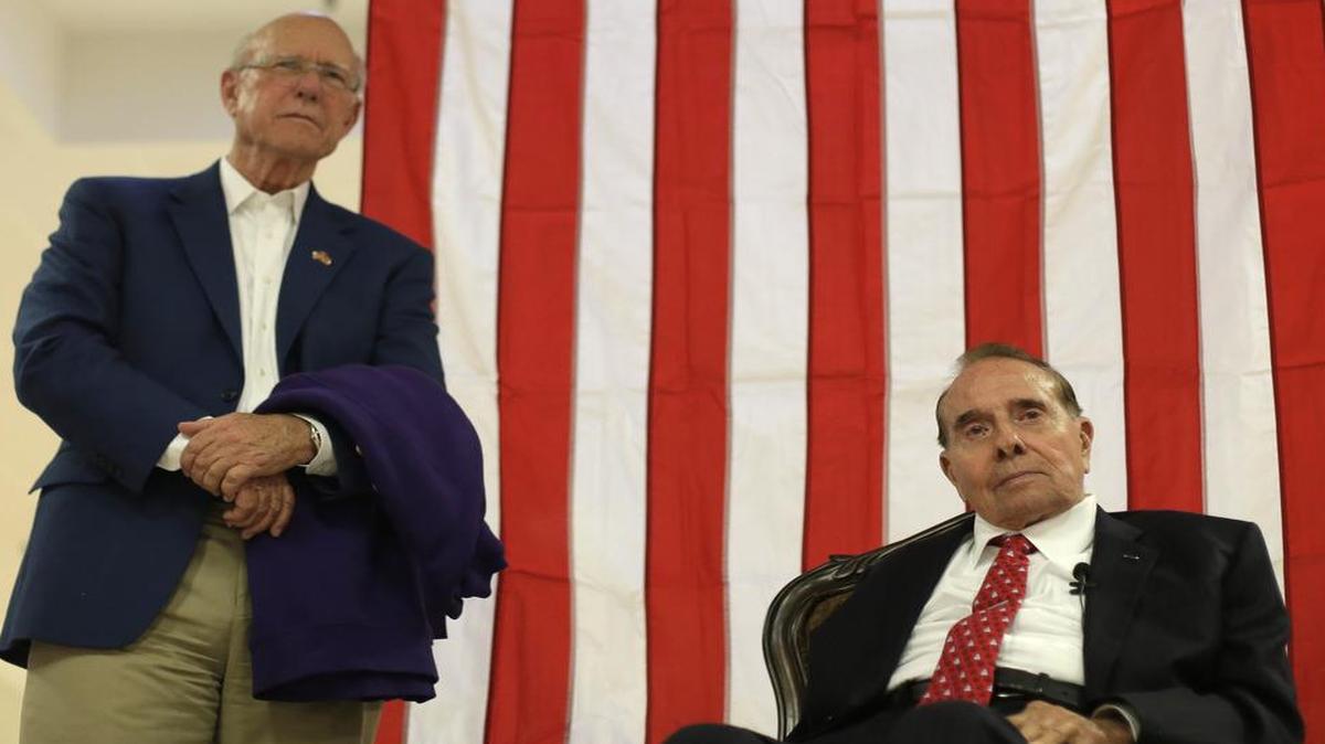 
Sen. Pat Roberts, left, the Chairman of the Dwight D. Eisenhower Memorial Commission, today announced the appointment of former Sen. Bob Dole as Finance Chairman of the Campaign for the Eisenhower Memorial. In photo, Roberts campaigns with Dole on Sept. 22, 2014, in Dodge City, Kan.
