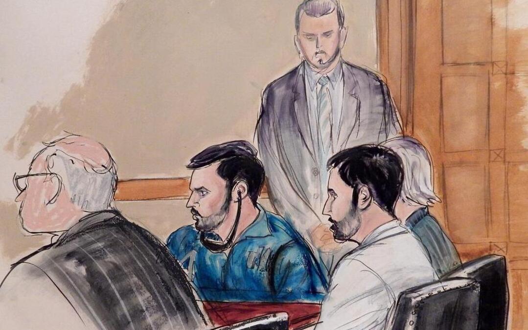 Francisco Flores, center in blue shirt, and Efrain Campo, second from right, during their initial appearance in Manhattan federal court in November. The pair are charged with conspiracy to smuggle drugs to the U.S.