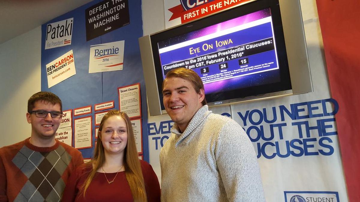 Zachary Blevins of Illinois (from left), Haley Barbour from the Kansas City area and Skylar Borchardt of Minnesota chose to attend Drake University in Des Moines partly because the university’s Iowa Caucus Project gives them an up-close education in political science that they can’t find elsewhere.