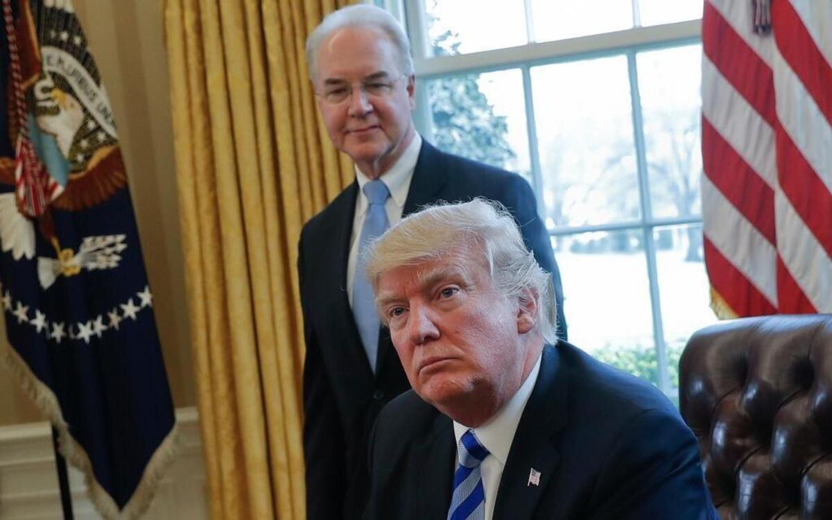 President Donald Trump with Health and Human Services Secretary Tom Price in the White House Oval Office. With prospects for repealing Obamacare in doubt, many say President Trump’s recent behavior has hurt rather than helped the repeal movement. (AP Photo/Pablo Martinez Monsivais, File)