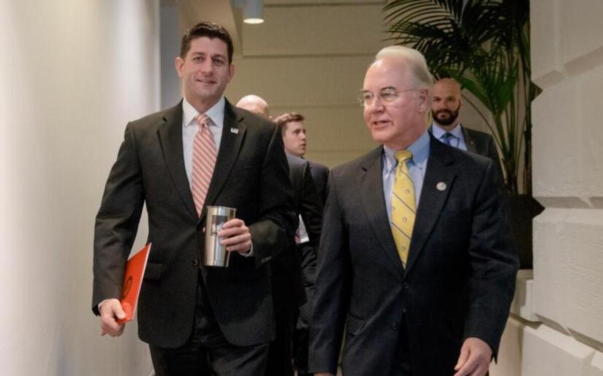 House Speaker Paul Ryan, R-Wis., arrives with then-Health and Human Services Secretary-designate, Rep. Tom Price, R-Ga., on Capitol Hill in Washington, Jan. 31, 2017, for a closed-door GOP strategy session. Ryan and the Trump administration are in negotiations to renew the failed GOP health care legislation.