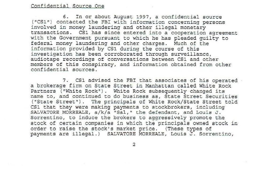 A Nov. 20, 1998 sealed complaint from federal prosecutors outlines allegations against Salvatore Morreale, an associate at the time of Felix Sater and his business partner Salvatore Lauria.