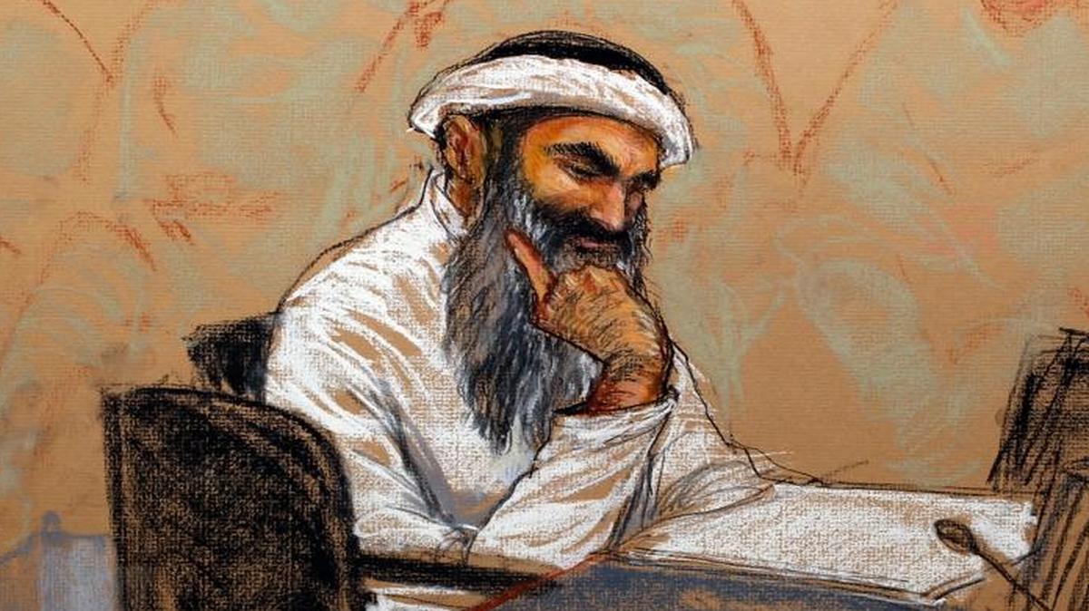 Khalid Sheikh Mohammed, the accused ringleader of the 9/11 attacks, in a courtroom sketch at a military commission hearing in 2012.
