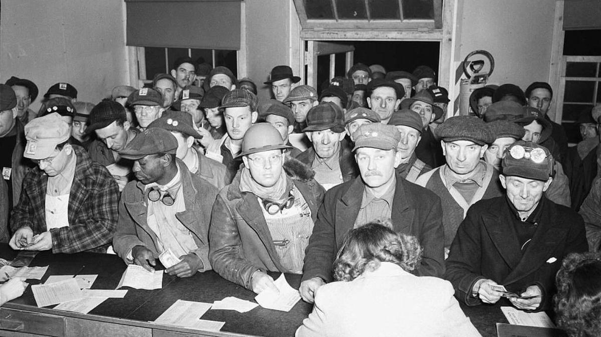 Workers wait in line for paychecks at the Hanford nuclear weapons site, one of the sites that provided the plutonium and uranium for the bombs used at Hiroshima and Nagasaki as part of the Manhattan Project. Hanford had the second highest number of deaths among workers after the Y-12 National Security Complex in Tennessee.