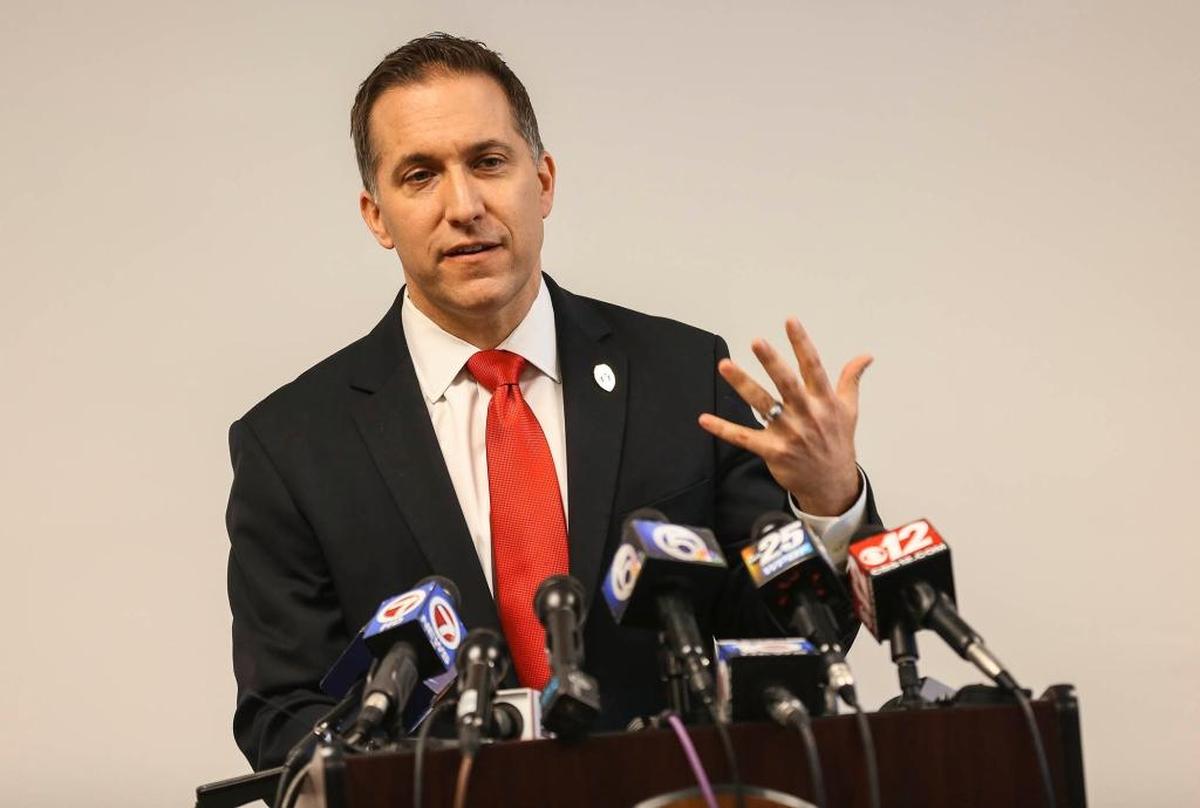 FILE - In this April 27, 2016 file photo, Palm Beach County State Attorney Dave Aronberg talks during a press conference in West Palm Beach, Fla.. Aronberg's wife, Lynn, said on Thursday, July 27, 2017, that she wants a divorce from her husband in part because he is not a "staunch Republican and supporter of President Trump" like she is.