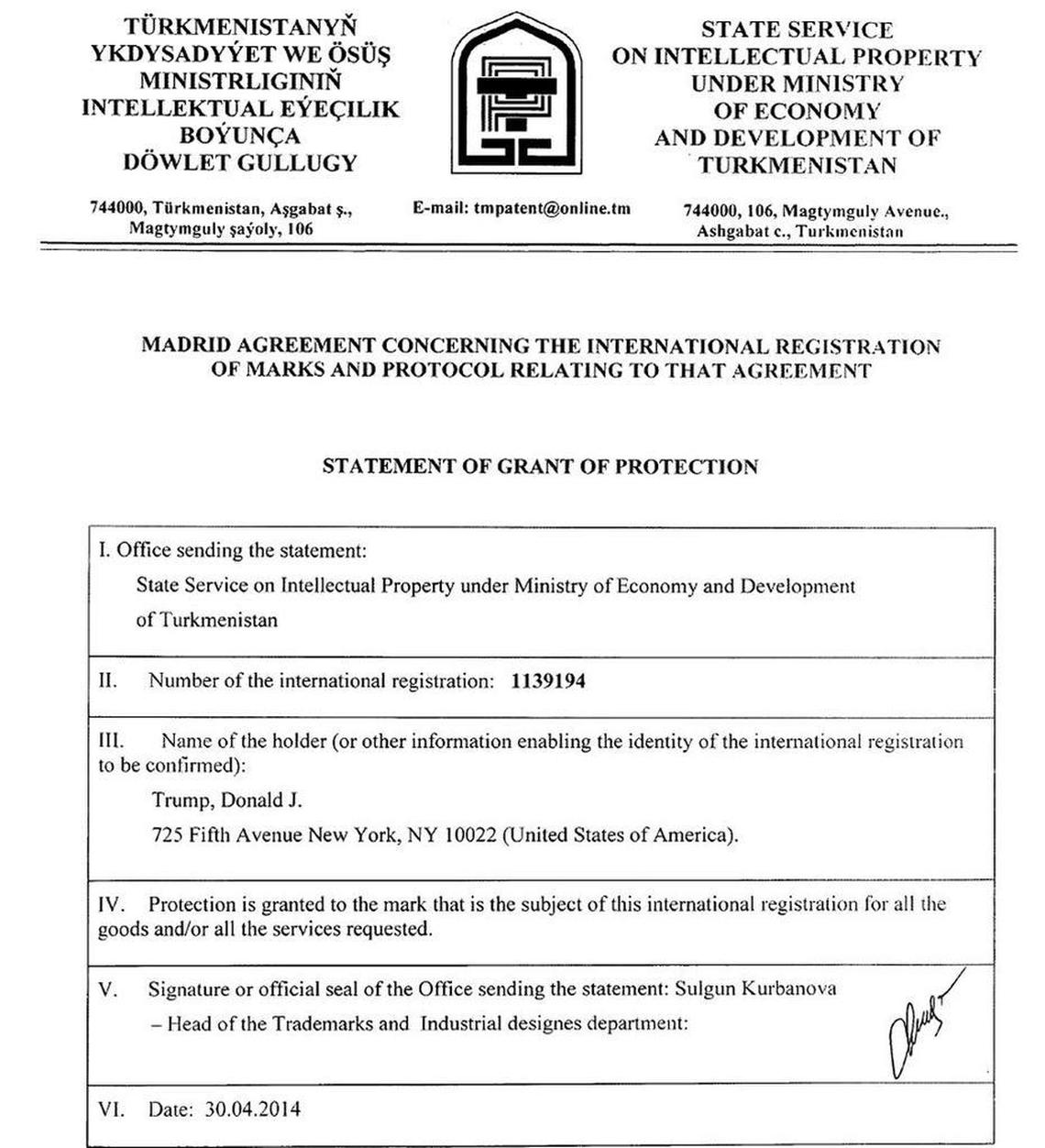 This document from 2014 shows the government of Turkmenistan approving Donald Trump’s 2012 trademark application for, among other things, real estate and hotels.