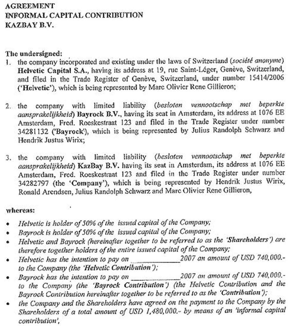 This snippet of a document from September 2007 obtained by McClatchy and reporting partners shows the ownership structure of the joint venture KazBay B.V. between a now-fugitive Kazakh family and Trump-linked developer Bayrock Group.