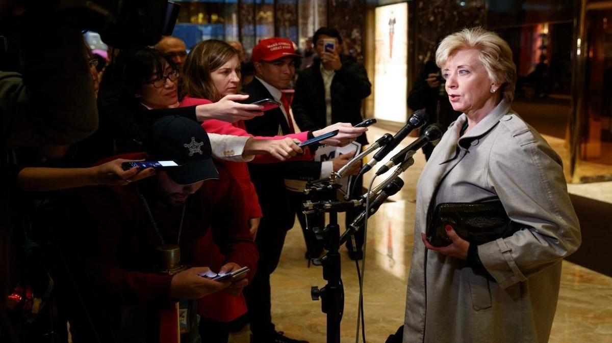 Linda McMahon talks with reporters after a meeting with President-elect Donald Trump at Trump Tower, Wednesday, Nov. 30, 2016, in New York.