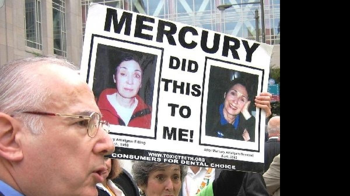 
Freya Koss, 73, Wynnewood, Pa., campaigns for an end to the use of mercury dental fillings outside the American Dental Association convention in Philadelphia in 2005. Koss says she experienced double vision, droopy eyes and was diagnosed with Multiple Sclerosis after a dentist used an outdated formula with liquid mercury to fill a tooth. After she had all of her mercury fillings removed, she said, she recovered.
