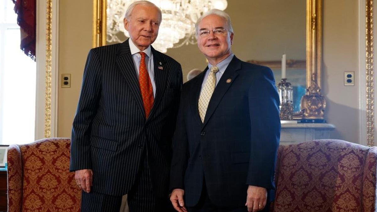 Senate Finance Committee Chairman Sen. Orrin Hatch, R-Utah, left, meets with Secretary of Health and Human Services-designate Rep. Tom Price, R- Ga., Thursday, Dec. 8, 2016, on Capitol Hill in Washington.