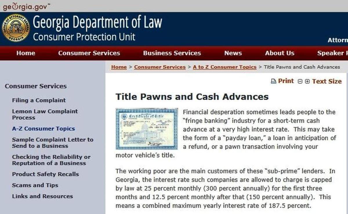 This screenshot from the website of the Georgia Department of Law’s Consumer Protection Unit refers to title-pawn companies as part of the ‘fringe banking’ industry. It notes the ‘working poor’ are the industry’s main targets.