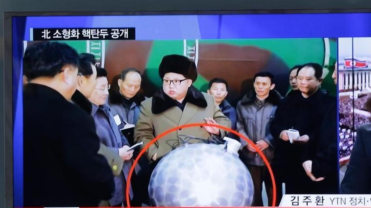 A TV screen in South Korea shows North Korean leader Kim Jong Un with superimposed letters that read: “North Korea’s nuclear warhead” during a news program at Seoul Railway Station on March 9, 2016. North Korea claimed last year the pictured orb was a miniaturized nuclear weapon, a claim that was widely mocked. U.S. intelligence officials have now concluded North Korea has successfully miniaturized such a warhead, according to a report in the Washington Post.