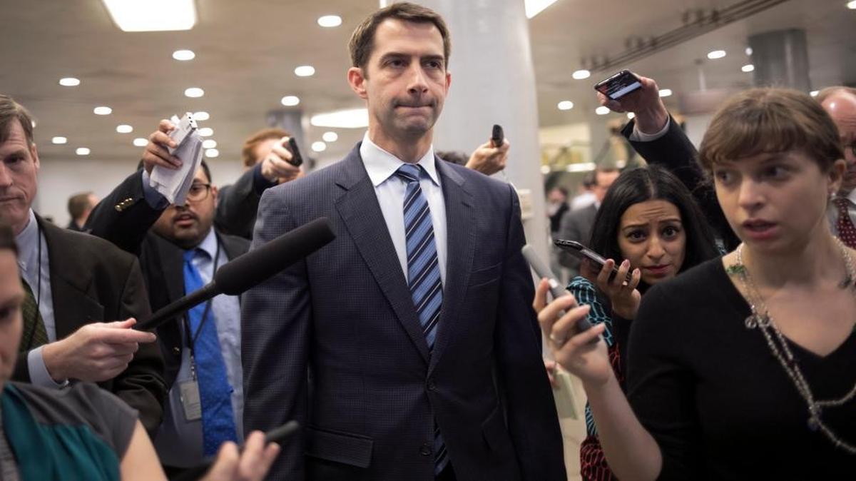 Rep. Tom Cotton, R-Ark., is interviewed by reporters following final votes for the week, at the Capitol in Washington Thursday. President Donald Trump has given Congress until March to come up with a plan to protect the nearly 700,000 young people who had been protected from deportation and given the right to work legally in the country under the Obama-era Deferred Action for Childhood Arrivals program, or DACA.