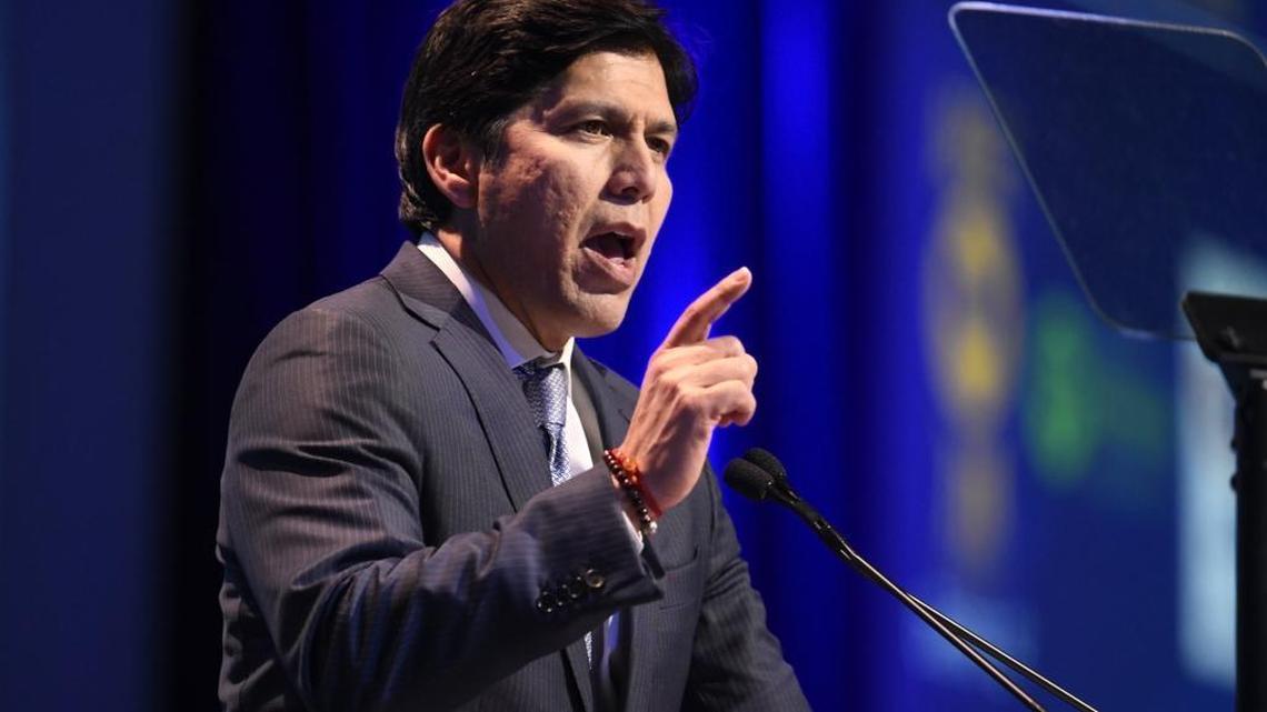 U.S. Senate candidate, Senate President Pro Tem Kevin de Leon, D- Los Angeles, speaks at the 2018 California Democrats State Convention Saturday, Feb. 24, 2018, in San Diego. (AP Photo/Denis Poroy)