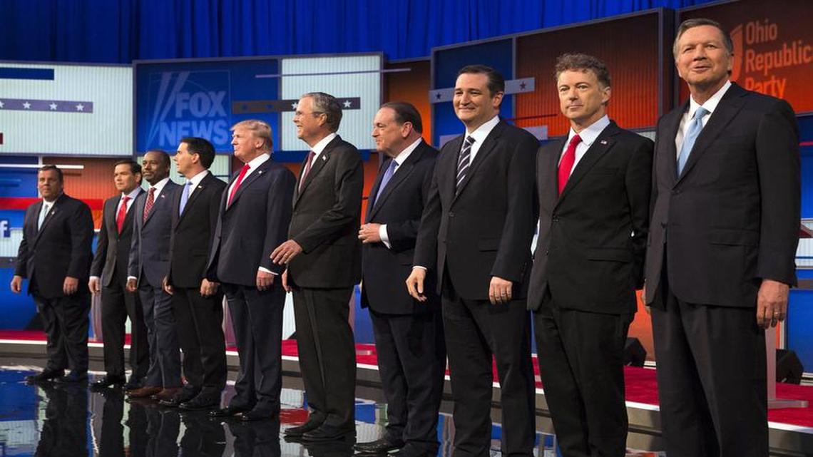
Republican presidential candidates from left, Chris Christie, Marco Rubio, Ben Carson, Scott Walker, Donald Trump, Jeb Bush, Mike Huckabee, Ted Cruz, Rand Paul, and John Kasich take the stage for the first Republican presidential debate at the Quicken Loans Arena Thursday, Aug. 6, 2015, in Cleveland.
