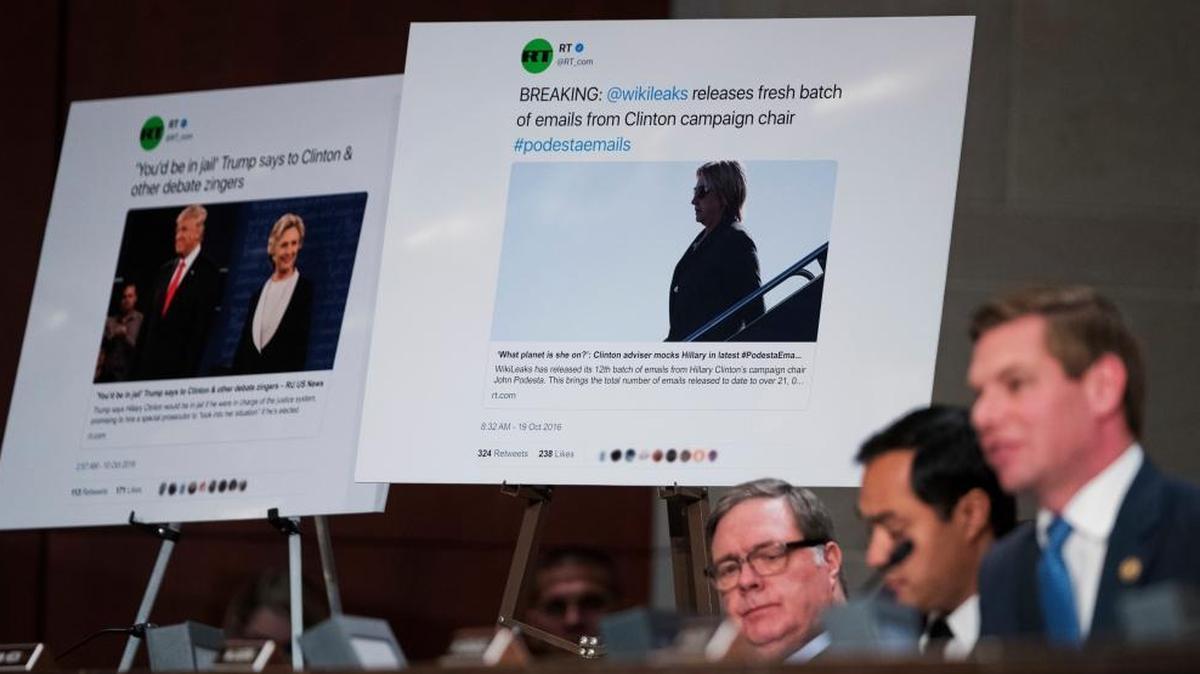 Rep. Eric Swalwell, D-Calif., right, with Reps. Joaquin Castro, D-Texas, center, and Denny Heck, D-Wash., questions Facebook's General Counsel Colin Stretch, Twitter's Acting General Counsel Sean Edgett, and Google's Senior Vice President and General Counsel Kent Walker about the Russian ads during a House Intelligence Committee task force hearing on Capitol Hill last week.