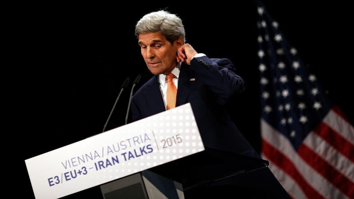 
U.S. Secretary of State John Kerry delivering a statement on the Iran talks deal Tuesday at the Vienna International Center. The verification procedures laid out in the accord are the most stringent ever designed to ensure no cheating on a nuclear program.
