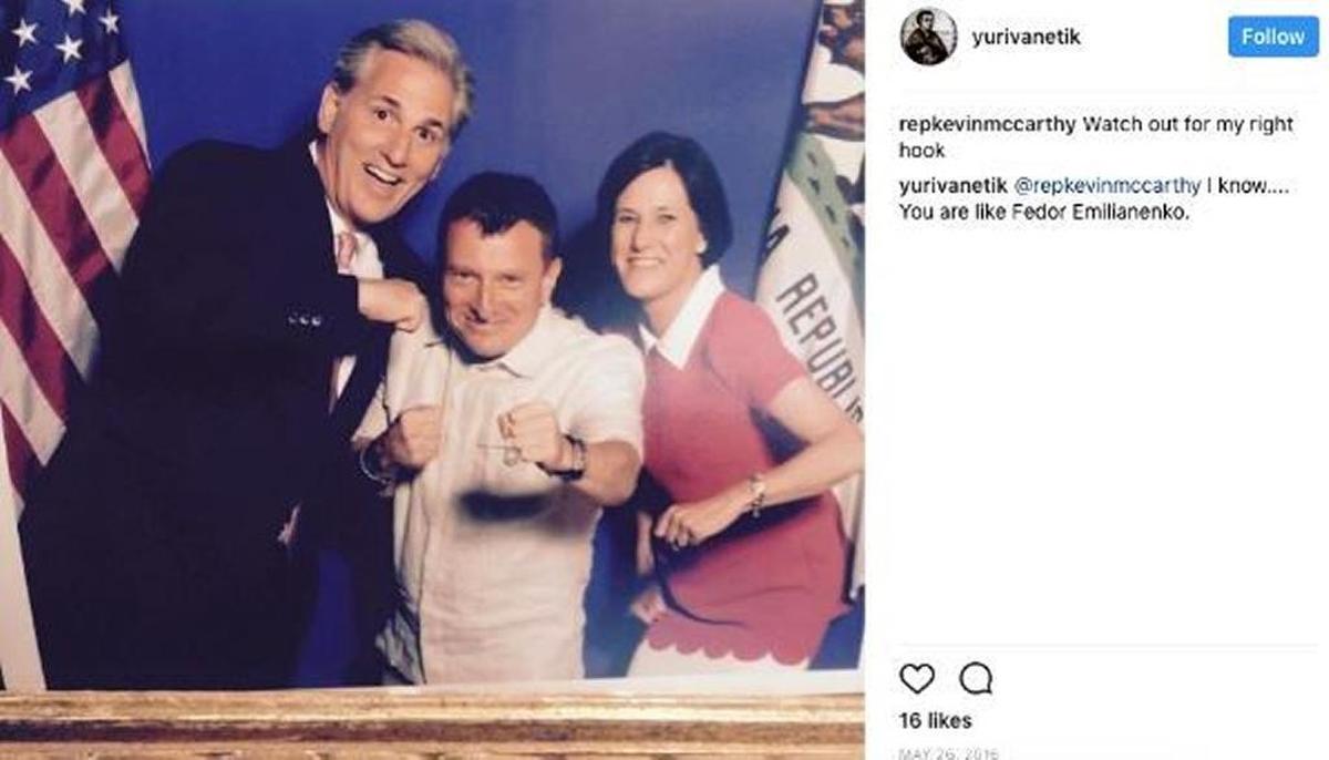 This social-media posting from fundraiser-turned-lobbyist Yuri Vanetik shows him with fellow Californians_ House Majority Leader Rep. Kevin McCarthy (l) and Rep. Mimi Walters (r). Vanetik raised funds for McCarthy and many other California Republicans, and McCarthy’s comments suggest they are chummy.