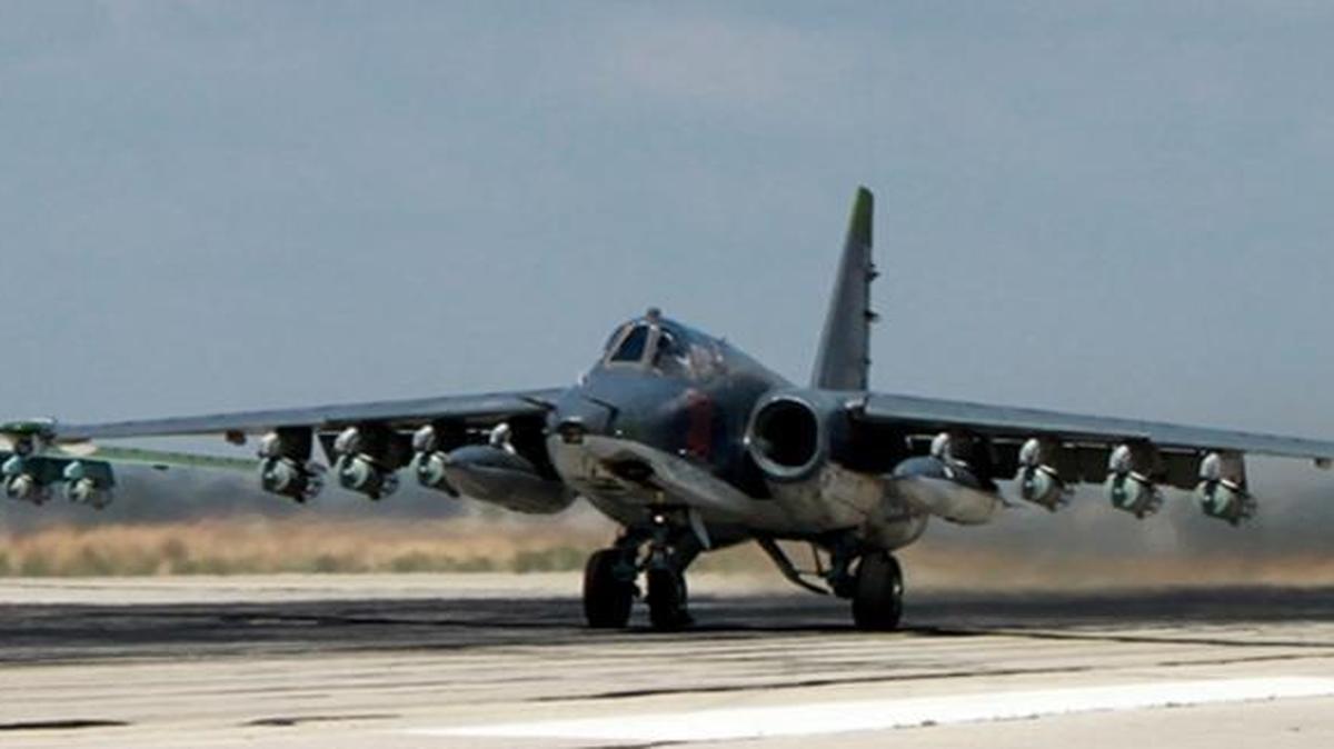 
Two Russian SU-25 ground attack aircraft are shown taking off from an airbase in Hmeimim, Syria in an image taken from video posted Tuesday on the Russian Defense Ministry website. 
