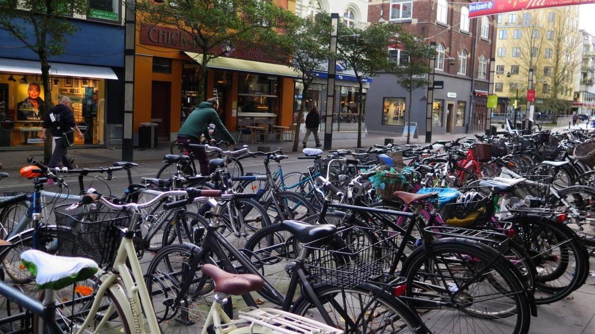 Cyclists and pedestrians dominate the streets of Aarhus, Denmark. Eighteen percent of all trips are made by bicycle in Denmark vs. 0.9 percent in the United States.