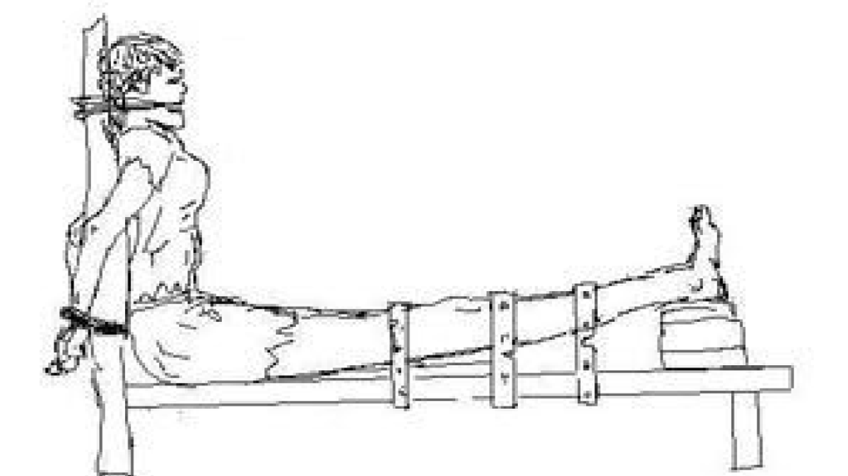 Depiction of a “tiger bench,” one of the forms of torture a new Amnesty International report says is used regularly in China.