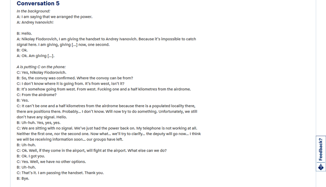 This screenshot from a web page of the Joint Investigation Team shows the English transcript of an intercepted phone call of a commander whose code name is Delfin. He is believed to be a three-star Russian colonel general named Nikolai Tkachev.