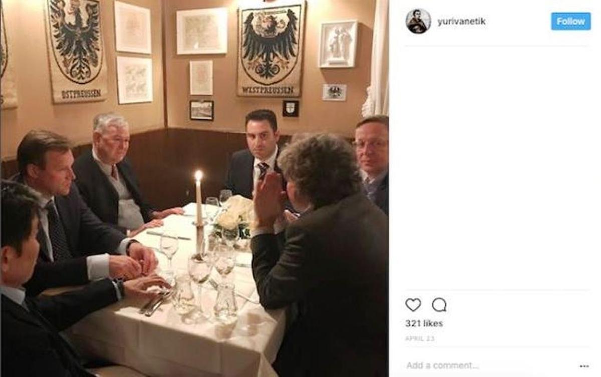 GOP fundraiser Yuri Vanetik on April 23, 2017, posted this social-media photo at a Berlin restaurant. Rep. Dana Rohrabacher is third from bottom on the left, and to his right is Vitaliy Skotsyk, leader of the Agrarian Party of Ukraine. Half a year later, Vanetik registered as a foreign agent, lobbying on behalf of Skotsyk's party. On that trip Rohrabacher also met briefly with a Russian-American lobbyist who arranged the now famous June 9, 2016, meeting at Trump Tower between campaign officials and Russians promising dirt on rival Hillary Clinton.