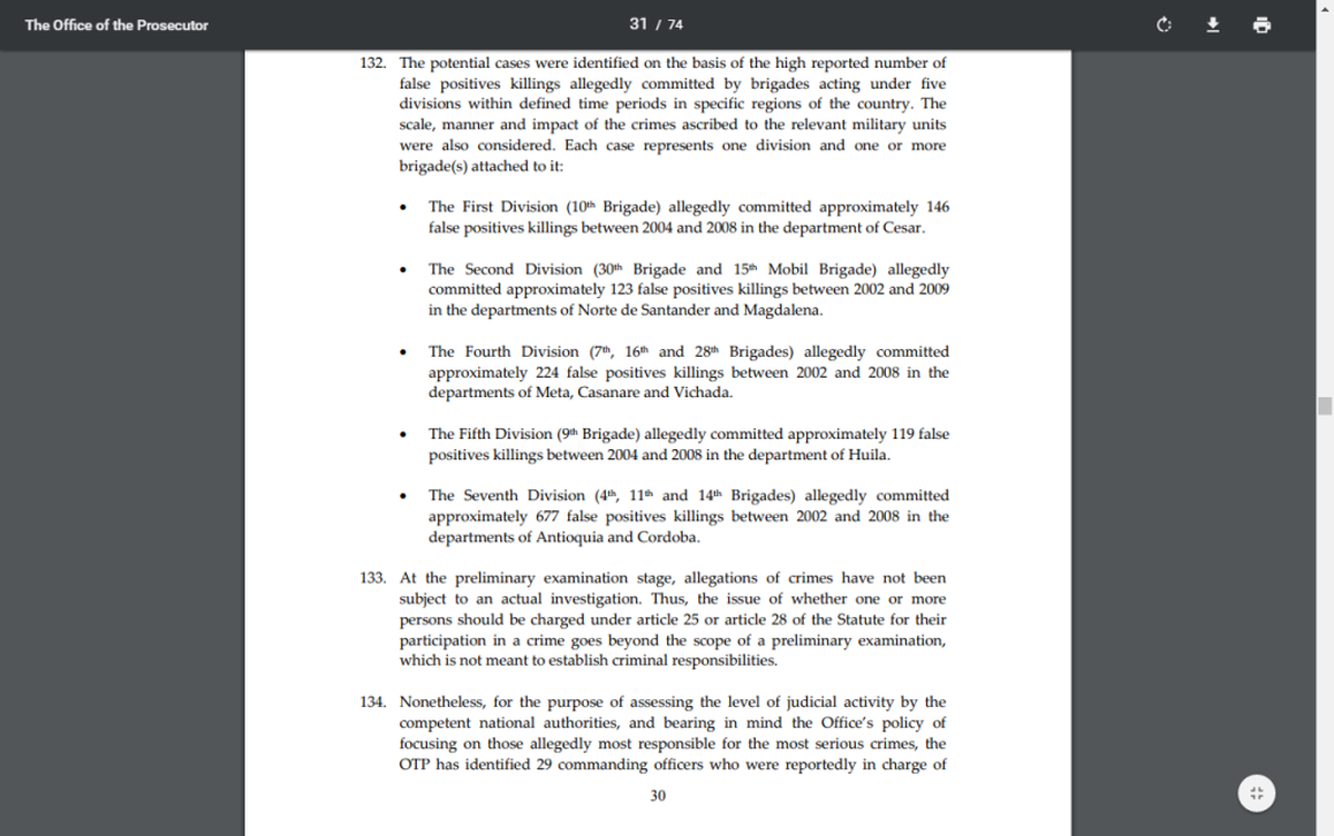 This section of the Dec. 4, 2017, report of the Office of the Prosecutor at the International Criminal Court outlines how 29 commanding officers are implicated n what has become known as Colombia’s “false-positive” killings.