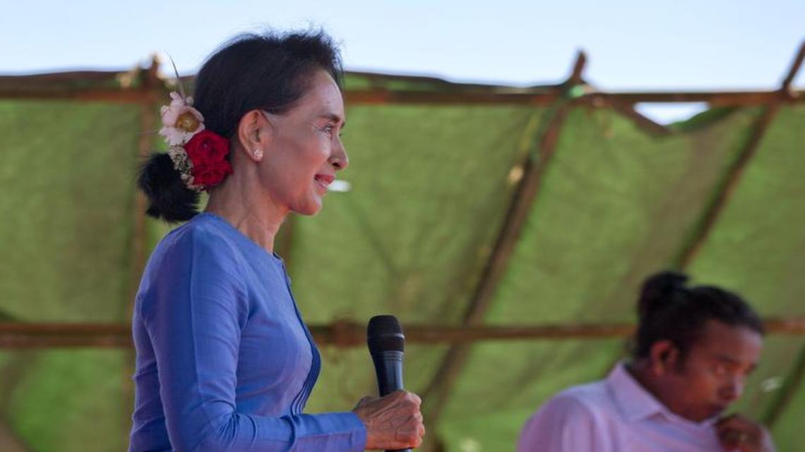 Myanmar opposition leader Aung San Suu Kyi at a campaign rally in Rakhine state, which has been a hotbed of sectarian conflict between Rohingya Muslims and hard-line Buddhists.