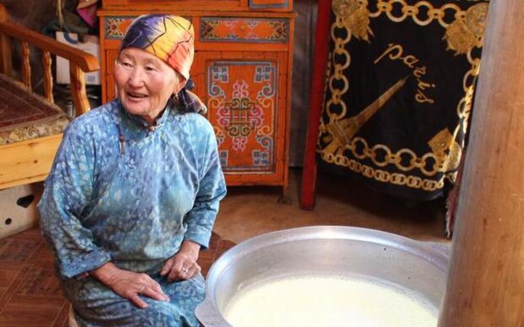 
Yandag, part of a herder family, sits next to a bowl of clotted cream she is making in her ger (yurt) near the Khogno Khan Uul Nature Reserve in central Mongolia on July 8, 2015.
