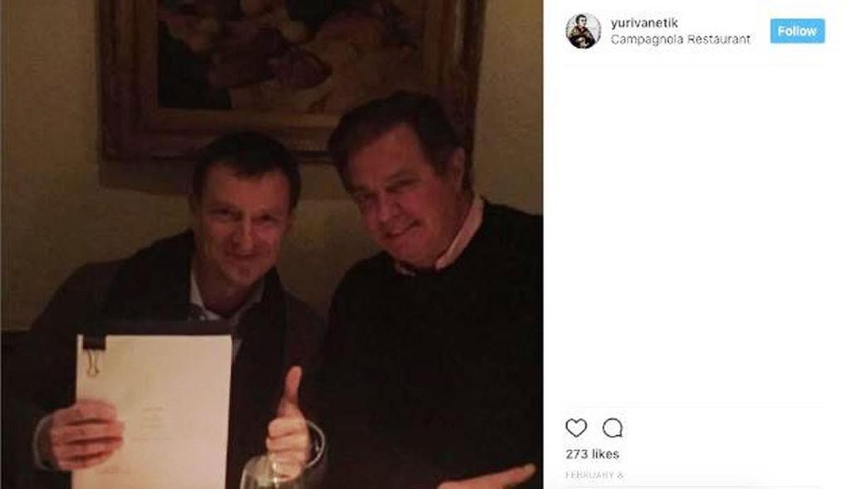 This screenshot of a social-media posting on Feb. 8, 2017, by fundraiser-turned-lobbyist Yuri Vanetik shows him with ex-Trump campaign boss Paul Manafort at a New York restaurant. Both men lobbied on behalf of Ukrainian politicians.