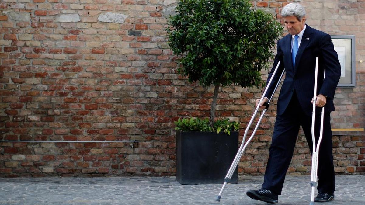 
Secretary of State John Kerry, injured in a cycling accident last month, was on crutches in Geneva Wednesday. Diplomats are rushing to complete negotiations with Iran on its nuclear program by July 7.
