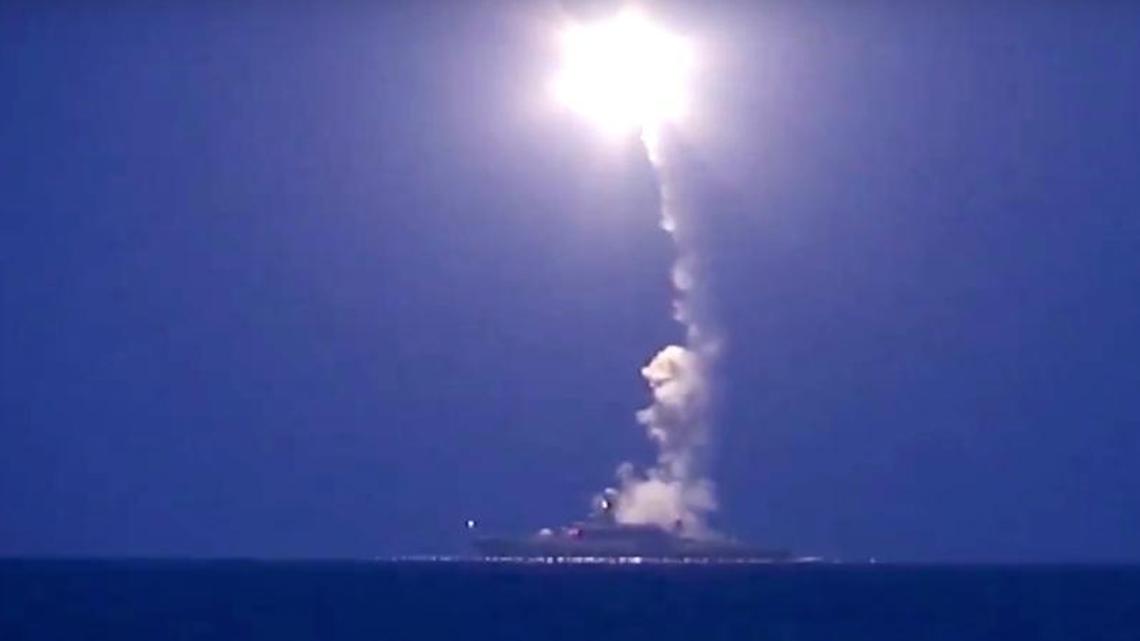 
A Russian navy ship in the Caspian Sea launches a cruise missile Wednesday in an image taken from a video posted on the Russian Defense Ministry website. Defense Minister Sergei Shoigu said four Russian navy ships launched 26 cruise missiles at Islamic State targets in Syria. 
