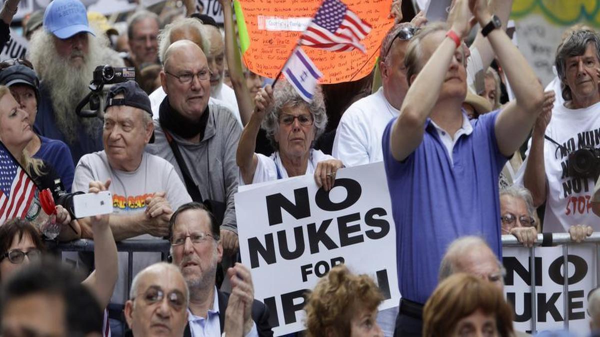 
Opponents of the nuclear accord with Iran rallied Wednesday near Times Square in New York City. 
