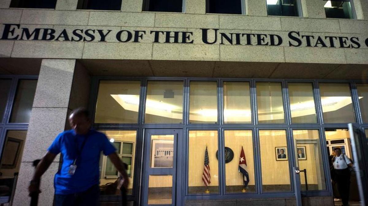 
The sign at the U.s. diplomatic mission in Havana declared its new status on Friday. U.S. Secretary of State John Kerry officially reopened the embassy after nearly 55 years. 
