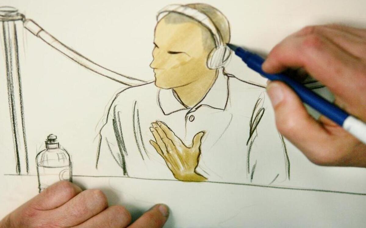 
Ali Hamza al Bahlul was sketched during his appearance before a military commission at Guantanamo Aug. 26, 2004 but the artist was prohibited from showing his face in detail. Bahlul was convicted, but civilian appeals courts twice held that he could not stand trial before a military commission for the charges that were leveled against him. Still, he remains the only prisoner at Guantanamo held in the section of the prison camp reserved for convicts.
